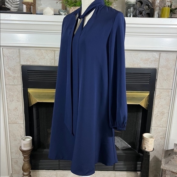 Amanda Uprichard Navy Shift Dress with Tie Neckline - Picture 3 of 13